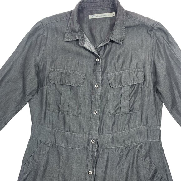 long sleeve shirt dress dark grey button down tunic sz SMby STANDARD GRACE - Picture 12 of 16